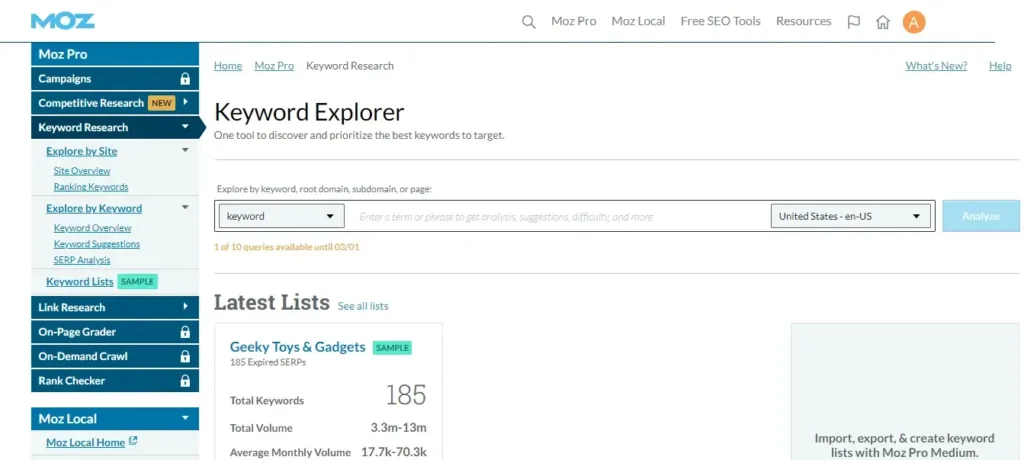 MOZ Keyword Explorer