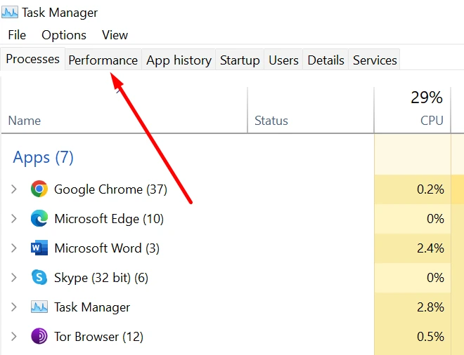 open task manager click on performance