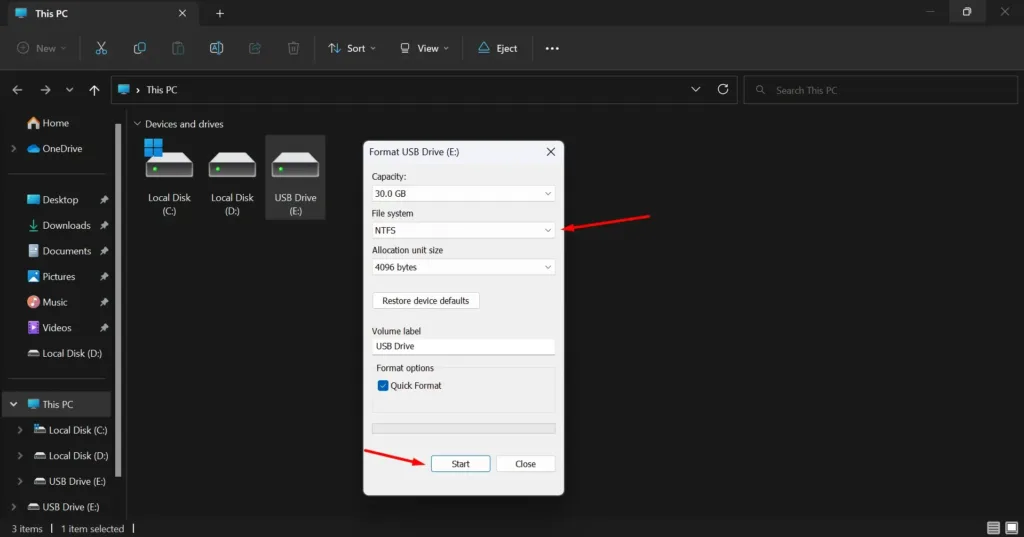 USB Drive File Format click on start